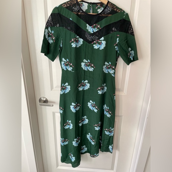 Maje | asymmetrical | black lace neckline | floral | silk |midi dress. - Picture 3 of 9